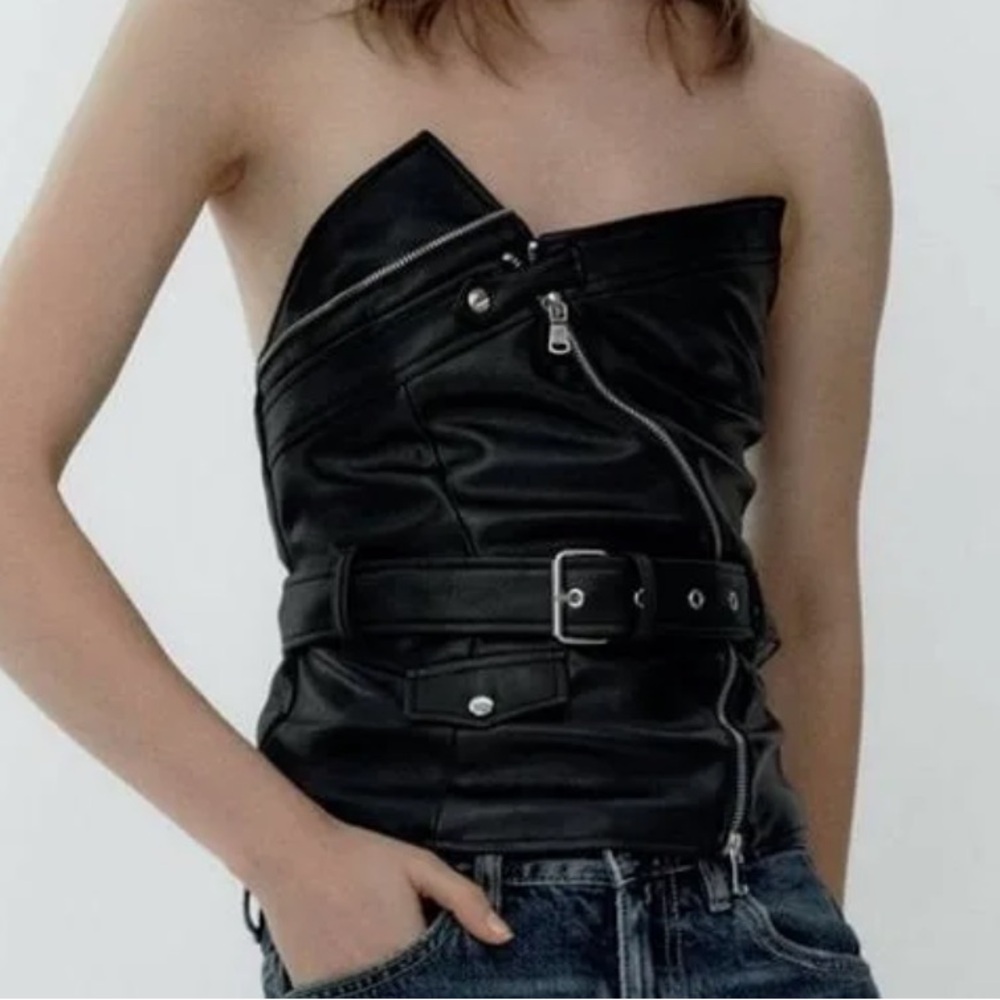 Zara Black Faux Leather Belted Biker Style Asymmetric Strapless Top Rare